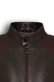 Siena Dark Brown Leather Bomber Jacket in soft lambskin with stand collar and ribbed cuffs
