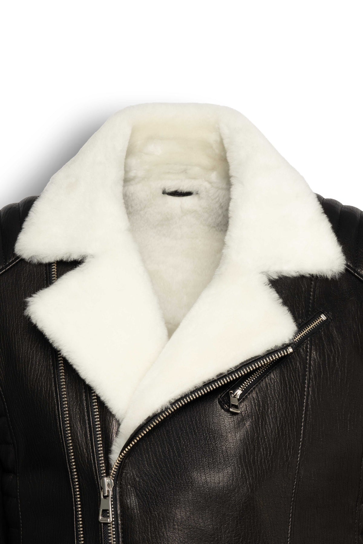 Black and white Siena Shearling Biker Leather Jacket with premium leather and white shearling lining