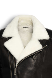 Black and white Siena Shearling Biker Leather Jacket with premium leather and white shearling lining
