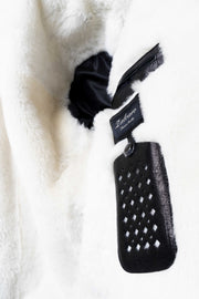 Black and white Siena Shearling Biker Leather Jacket with white shearling collar and cuffs