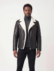 Siena Shearling Biker Leather Jacket in black leather with white shearling trim for men
