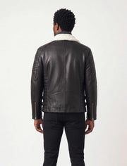 Siena Shearling Biker Leather Jacket in black leather with white shearling lining for men