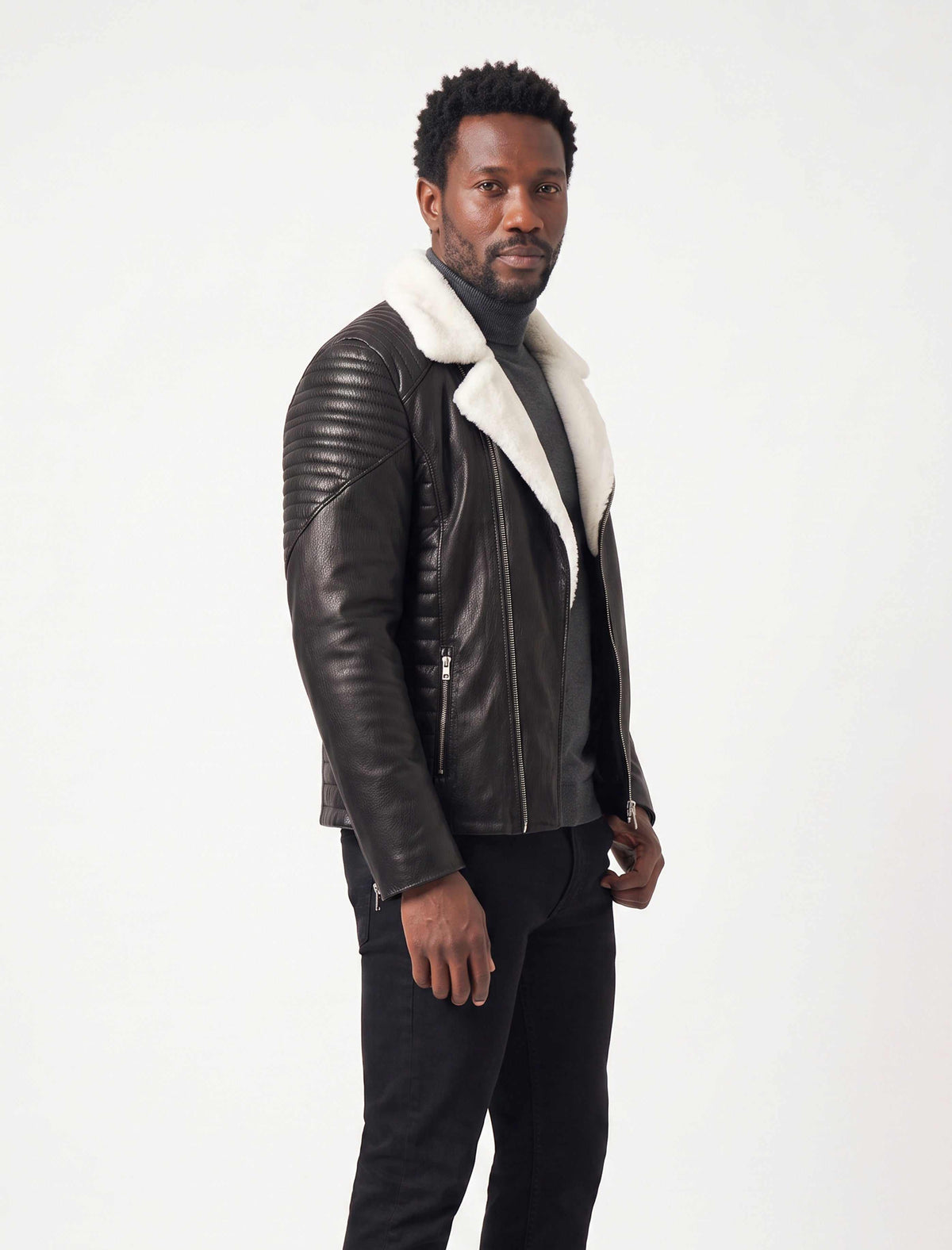 Siena Shearling Biker Leather Jacket in black and white with premium leather and white shearling trim