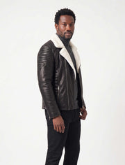 Siena Shearling Biker Leather Jacket in black and white with premium leather and white shearling trim