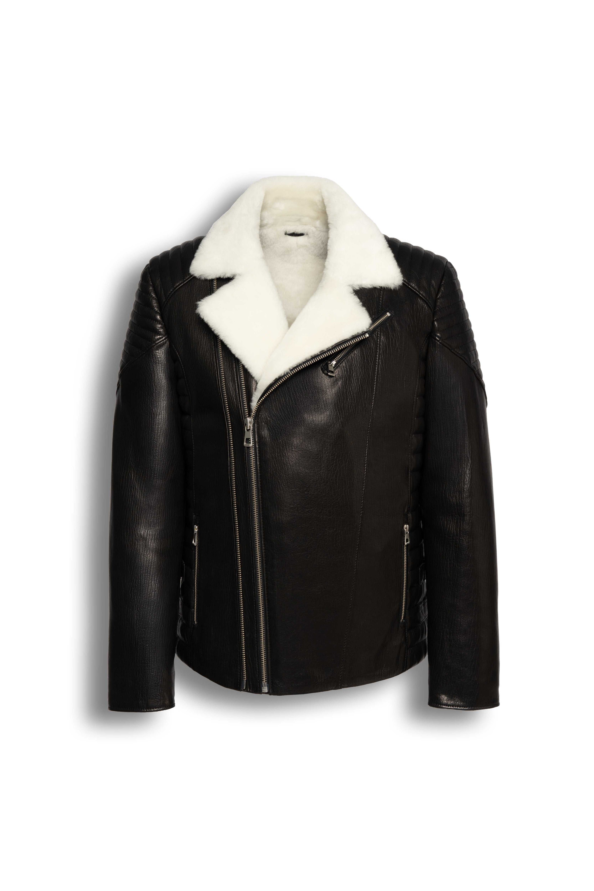 Siena Shearling biker leather jacket in black with white shearling detailing for men