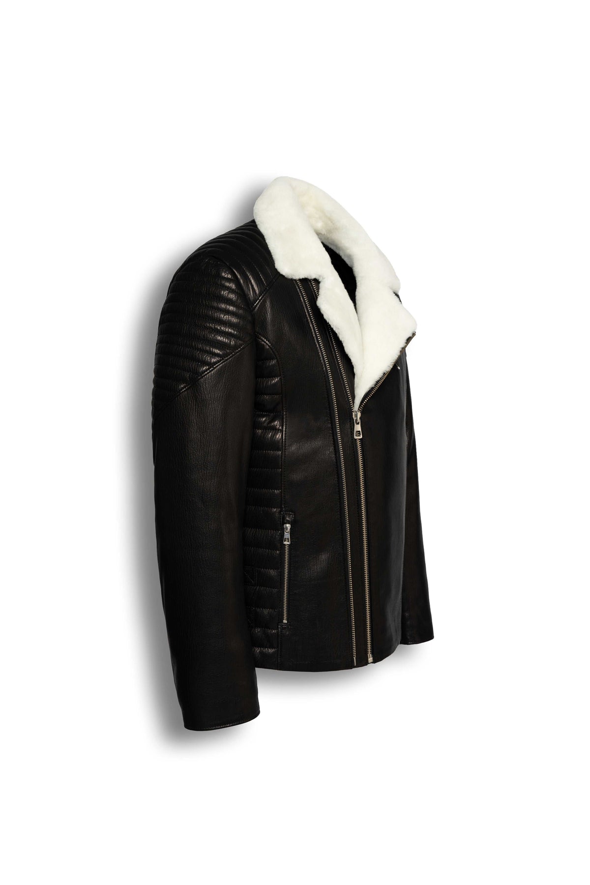 Black and white Siena Shearling Biker Leather Jacket with white shearling collar and black leather body