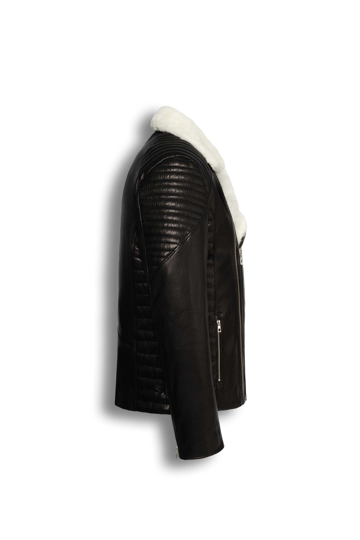 Siena Shearling Biker Leather Jacket in black with white shearling detailing for men