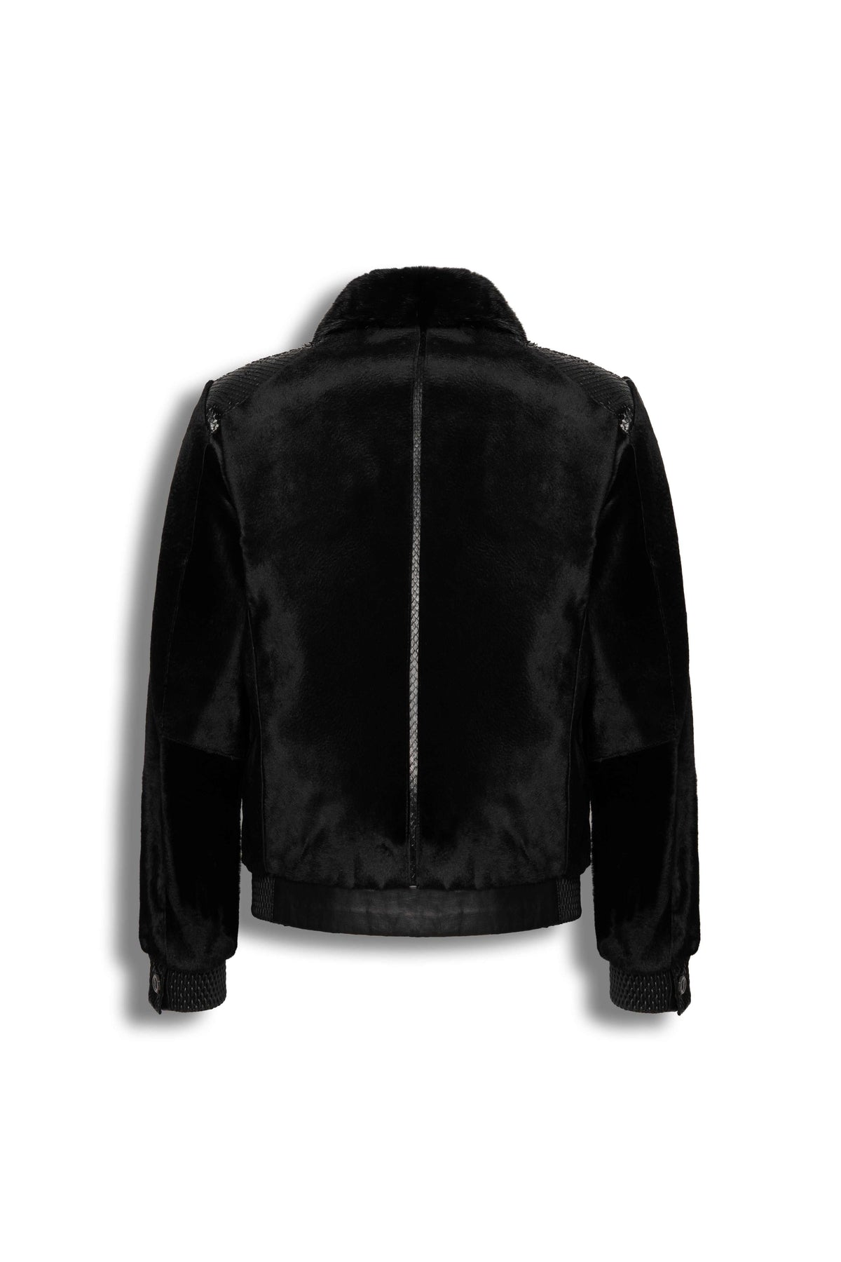 Signature black sheared fur bomber jacket with python leather details for men