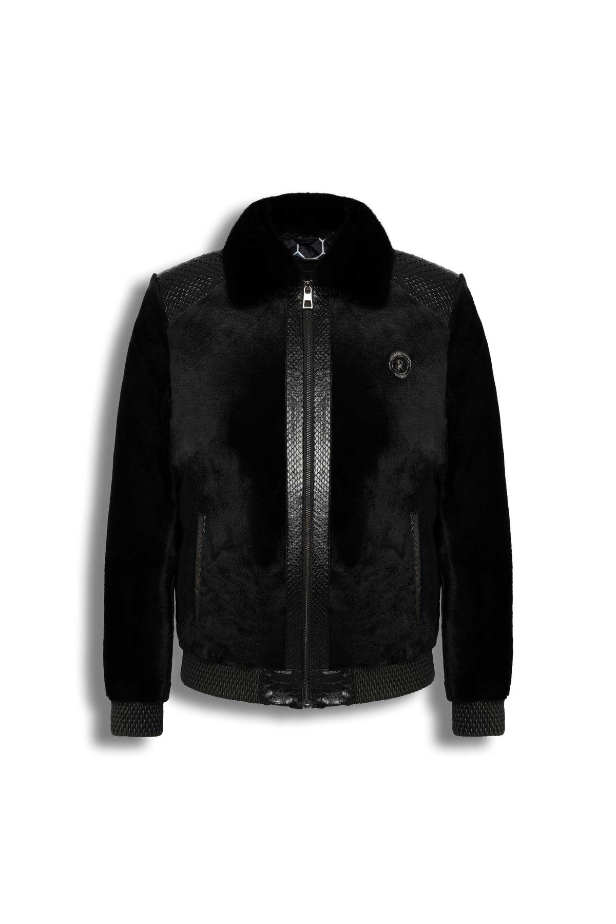 Signature black sheared fur bomber jacket with python leather details for men