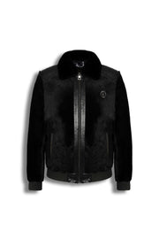Signature black sheared fur bomber jacket with python leather details for men