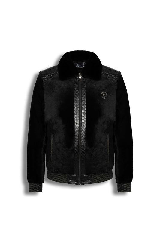 Signature black sheared fur bomber jacket with python leather details for men