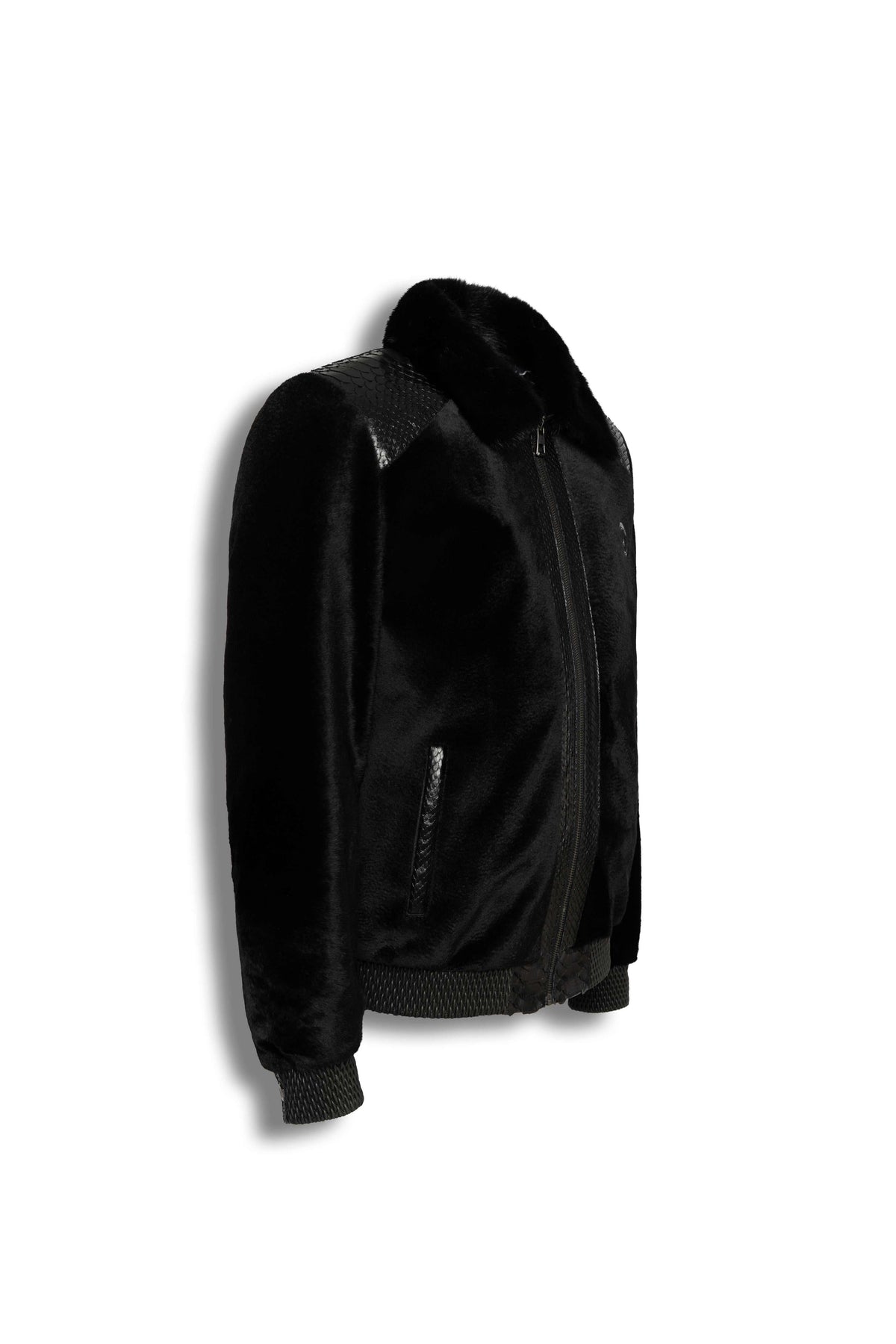 Signature black sheared fur bomber jacket with python leather details for men
