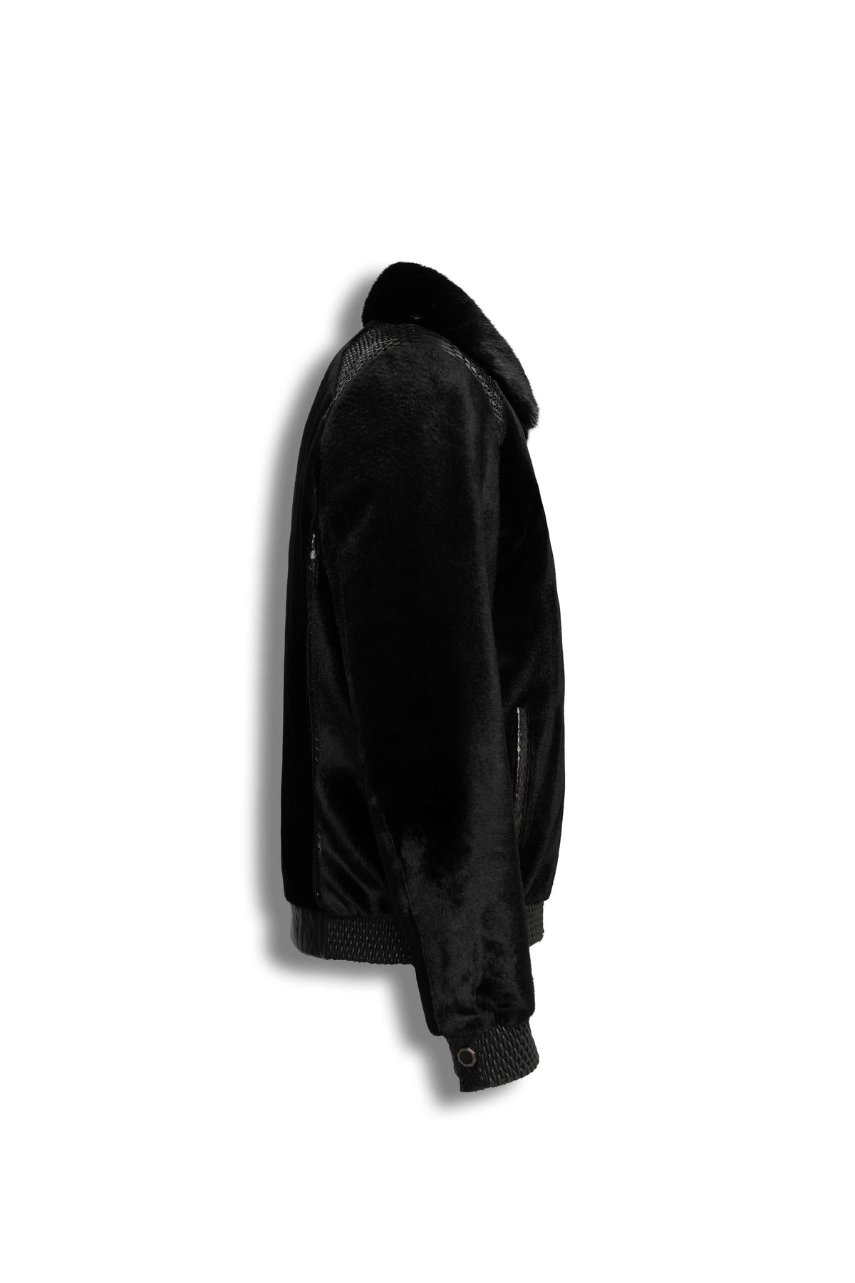 Signature black sheared fur bomber jacket with python leather details for men