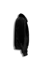 Signature black sheared fur bomber jacket with python leather details for men