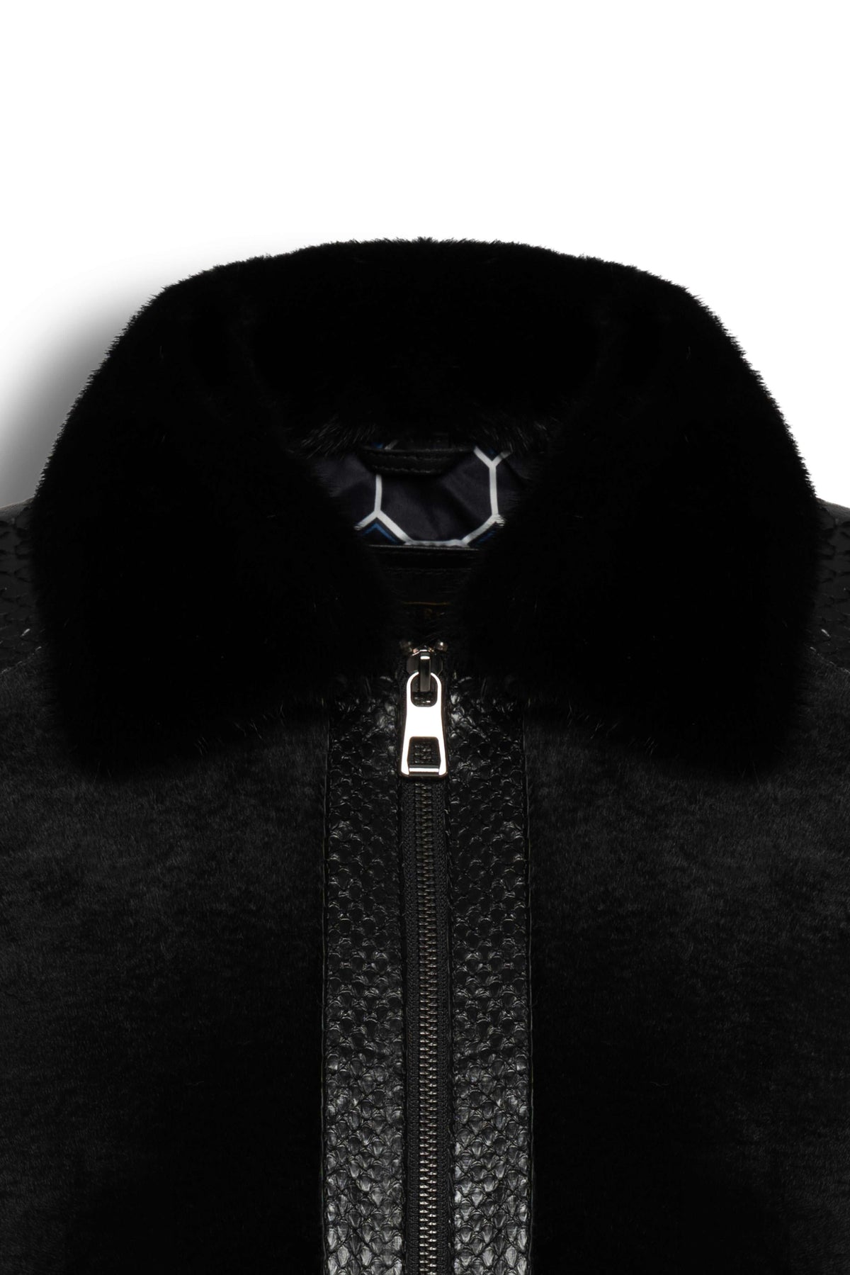 Signature black sheared fur bomber jacket with python leather details for men