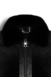 Signature black sheared fur bomber jacket with python leather details for men