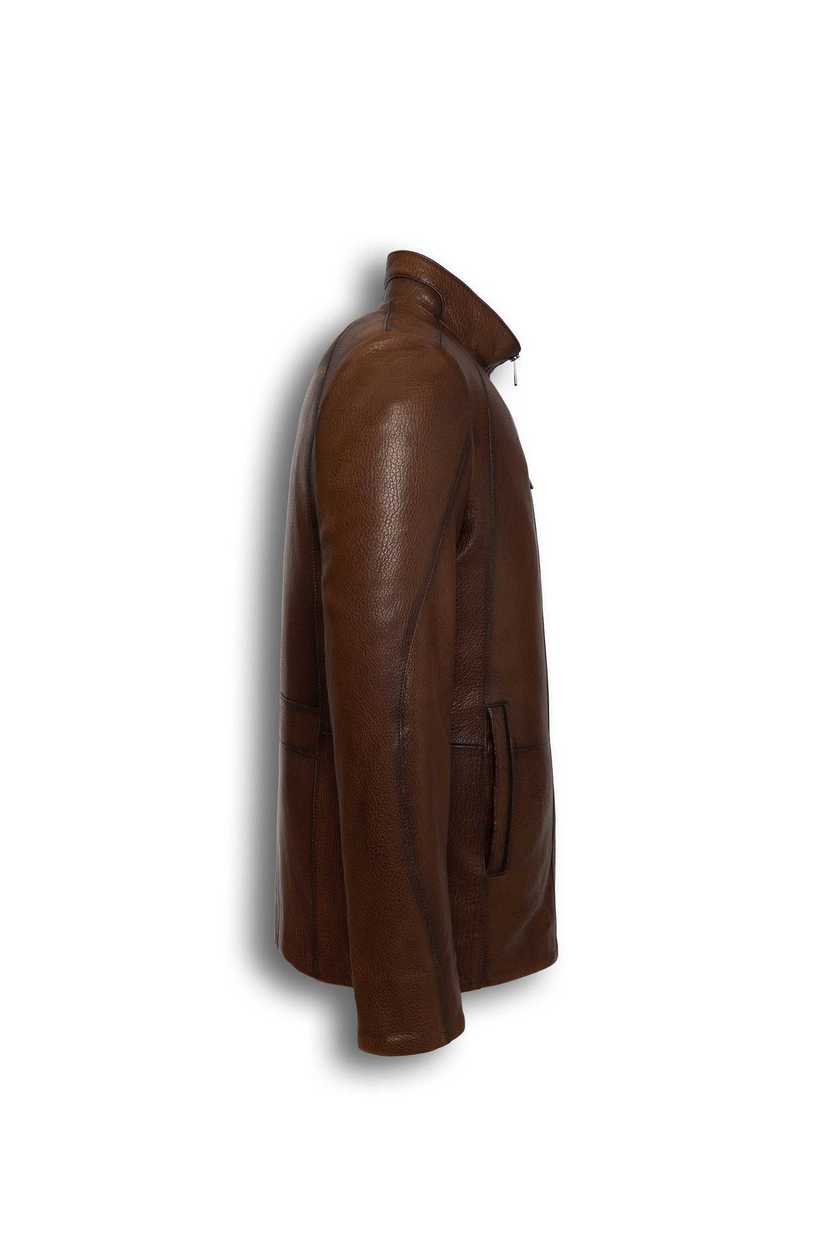 Soren Men's Brown Leather Jacket with stand collar and chest zip pocket