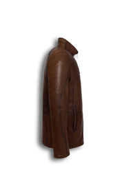 Soren Men's Brown Leather Jacket with stand collar and chest zip pocket