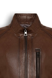 Soren Men's Brown Leather Jacket with stand collar and chest zip pocket