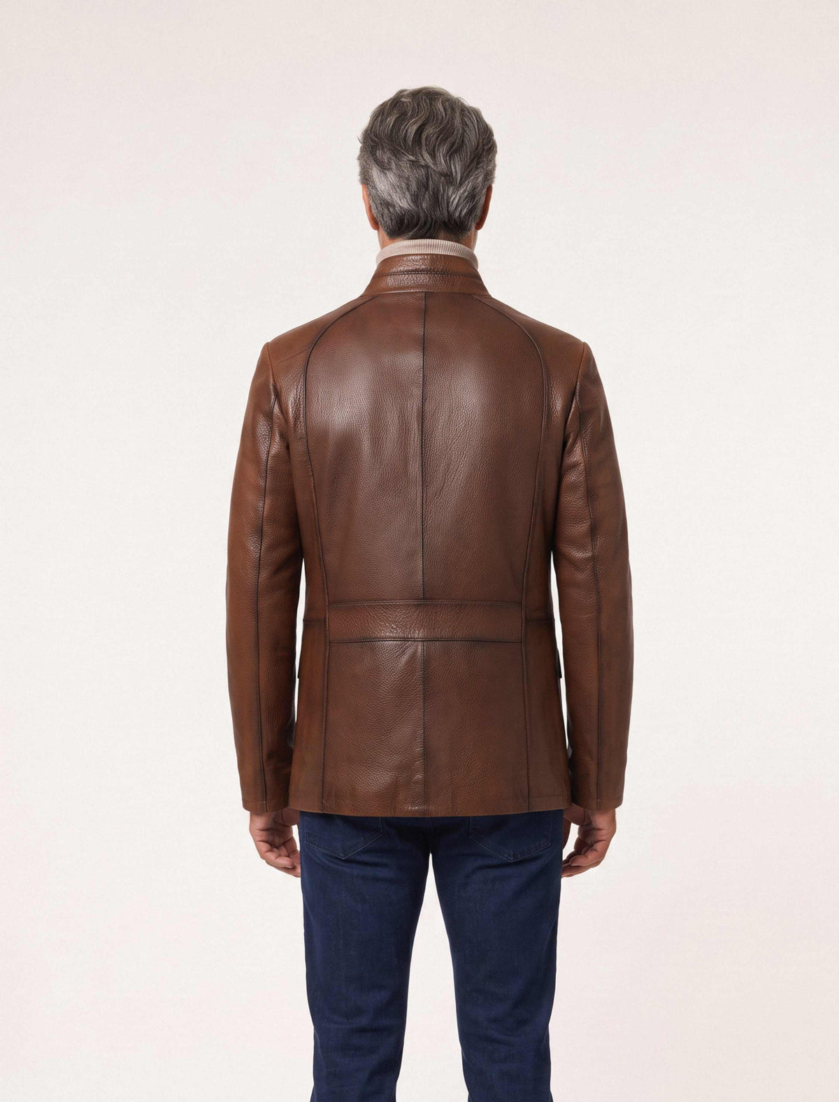 Soren men's brown genuine leather jacket with stand collar and chest zip pocket