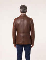 Soren men's brown genuine leather jacket with stand collar and chest zip pocket