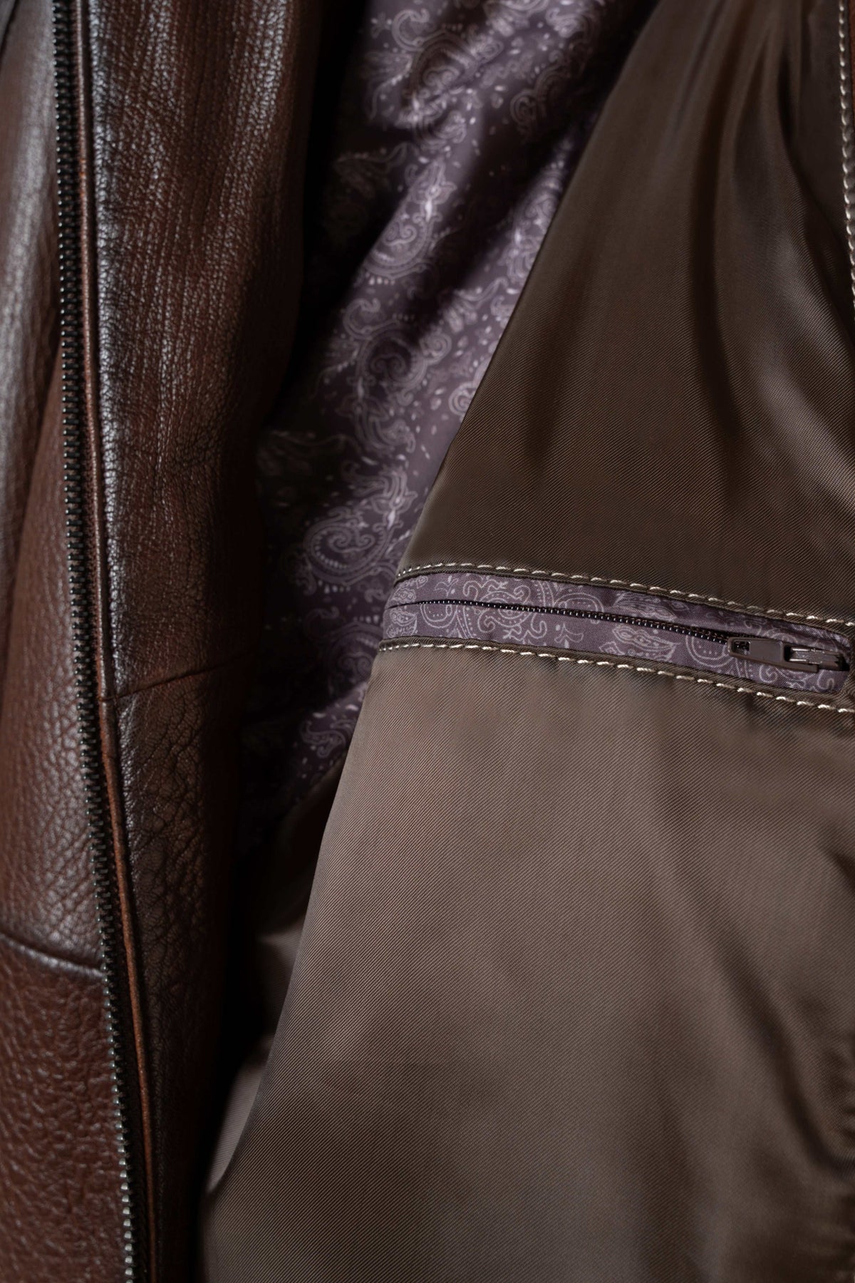 Soren Men's Brown Genuine Leather Stand Collar Jacket with chest zip pocket and clean seams