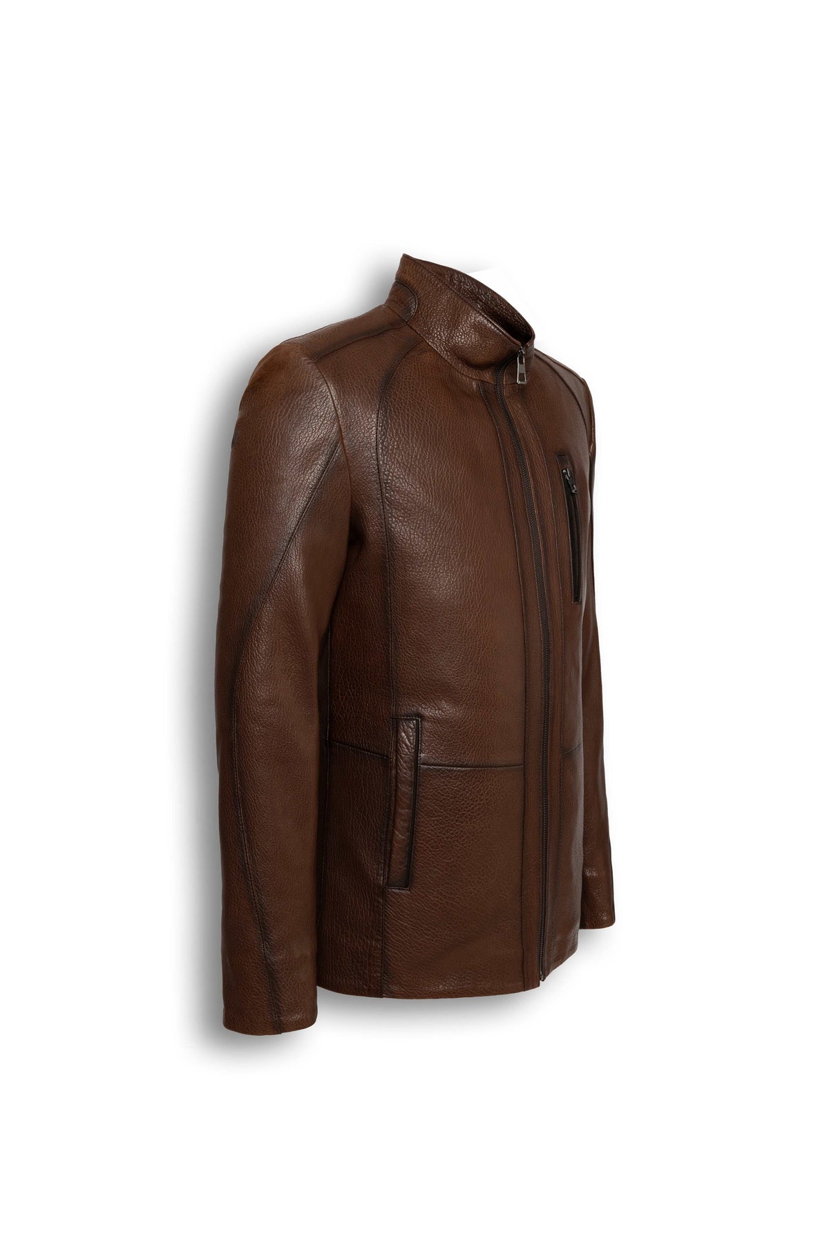 Soren men's brown leather jacket with stand collar and chest zip pocket
