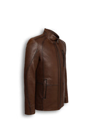 Soren men's brown leather jacket with stand collar and chest zip pocket