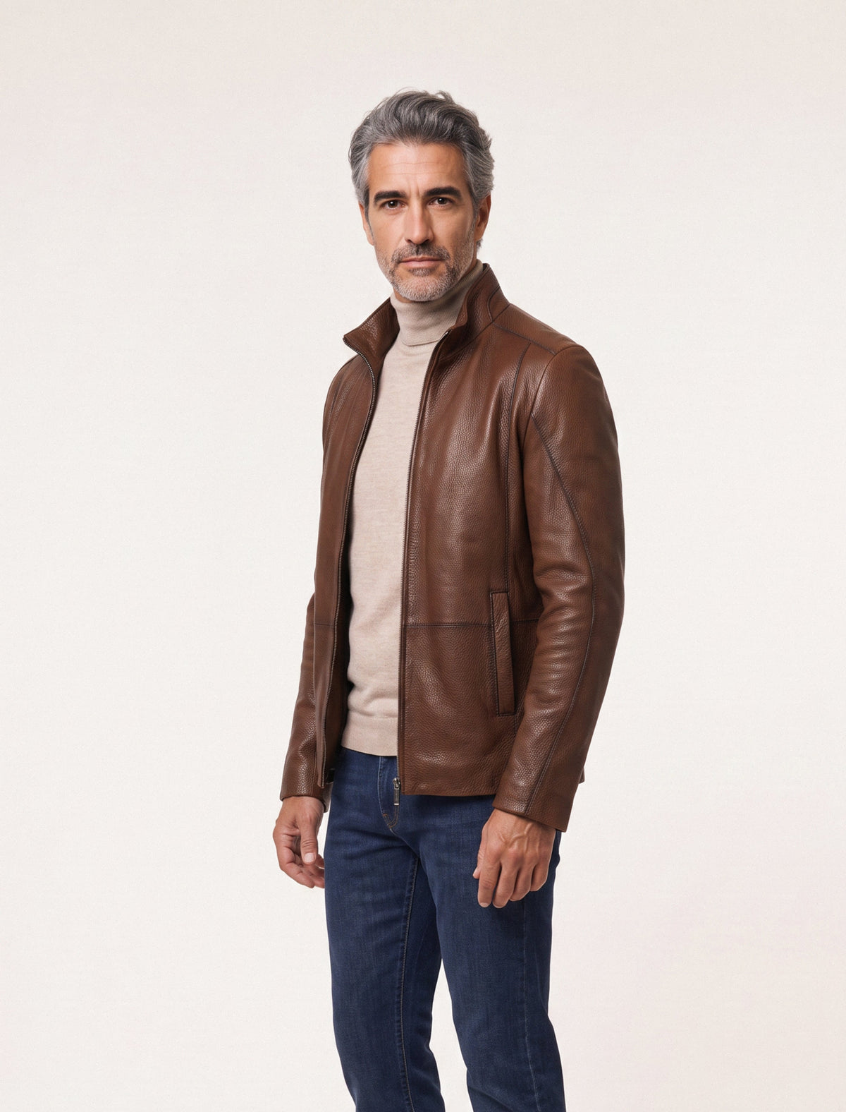 Soren Men's Brown Genuine Leather Stand Collar Jacket with chest zip pocket and clean seams