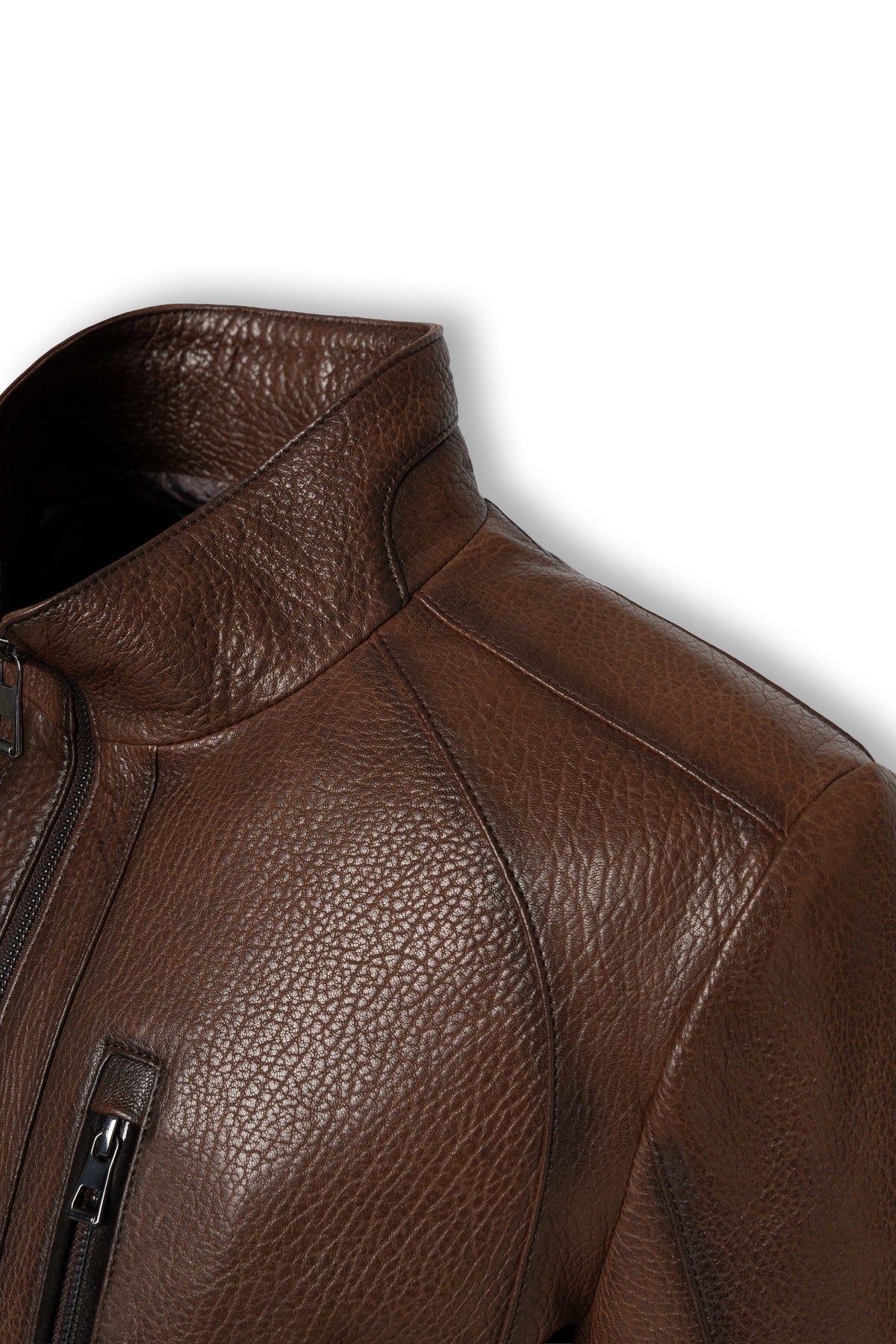 Soren Men's Brown Genuine Leather Stand Collar Jacket with chest zip pocket and clean seams