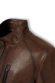 Soren Men's Brown Genuine Leather Stand Collar Jacket with chest zip pocket and clean seams