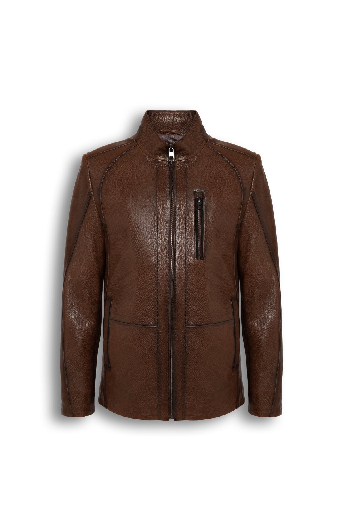 Soren Men's Brown Leather Jacket with stand collar and chest zip pocket