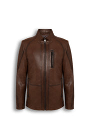 Soren Men's Brown Leather Jacket with stand collar and chest zip pocket