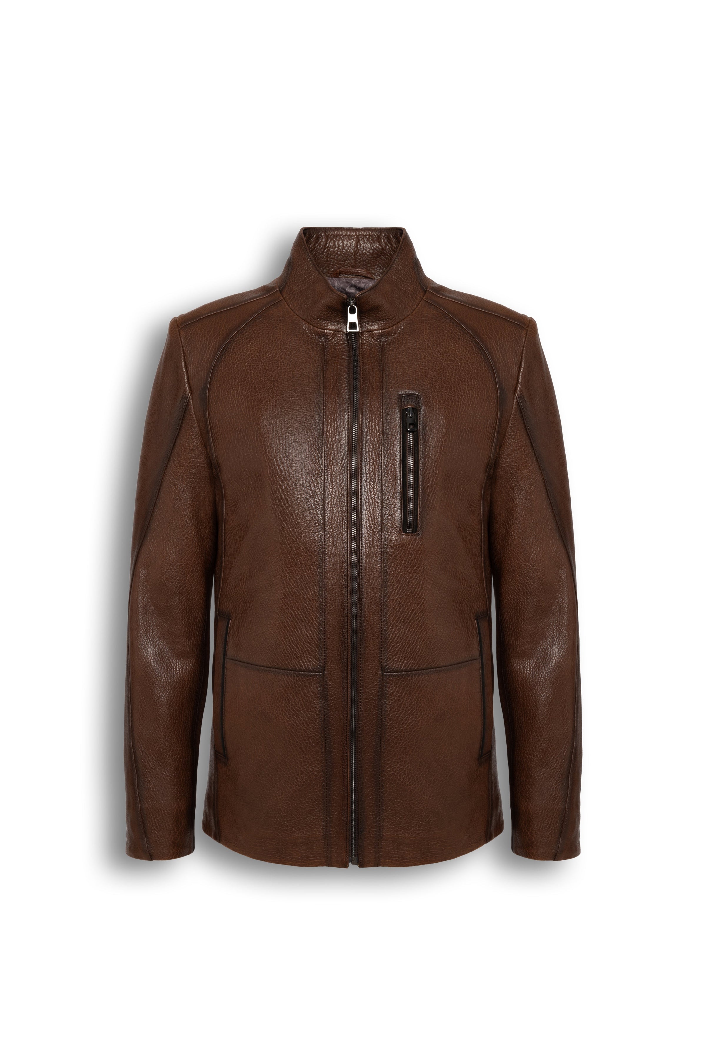 Soren Men's Brown Leather Jacket with stand collar and chest zip pocket