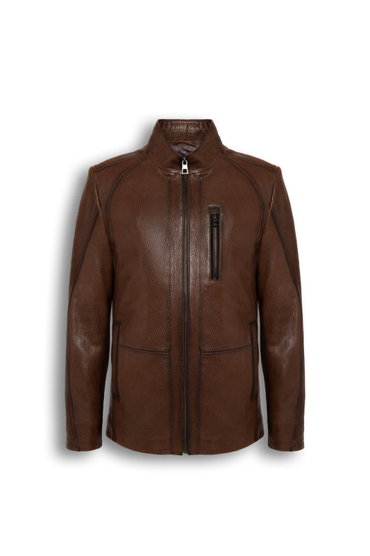 Soren Men's Brown Leather Jacket with stand collar and chest zip pocket
