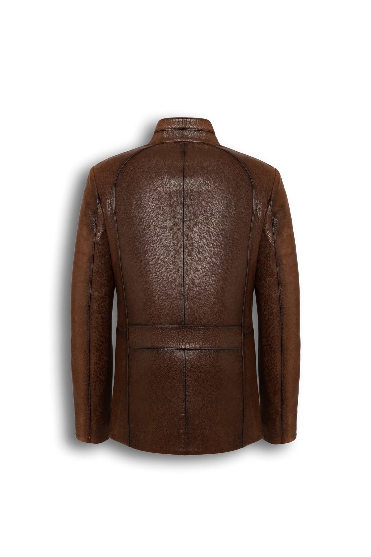 Soren Men's brown genuine leather jacket with stand collar and chest zip pocket