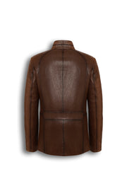 Soren Men's brown genuine leather jacket with stand collar and chest zip pocket