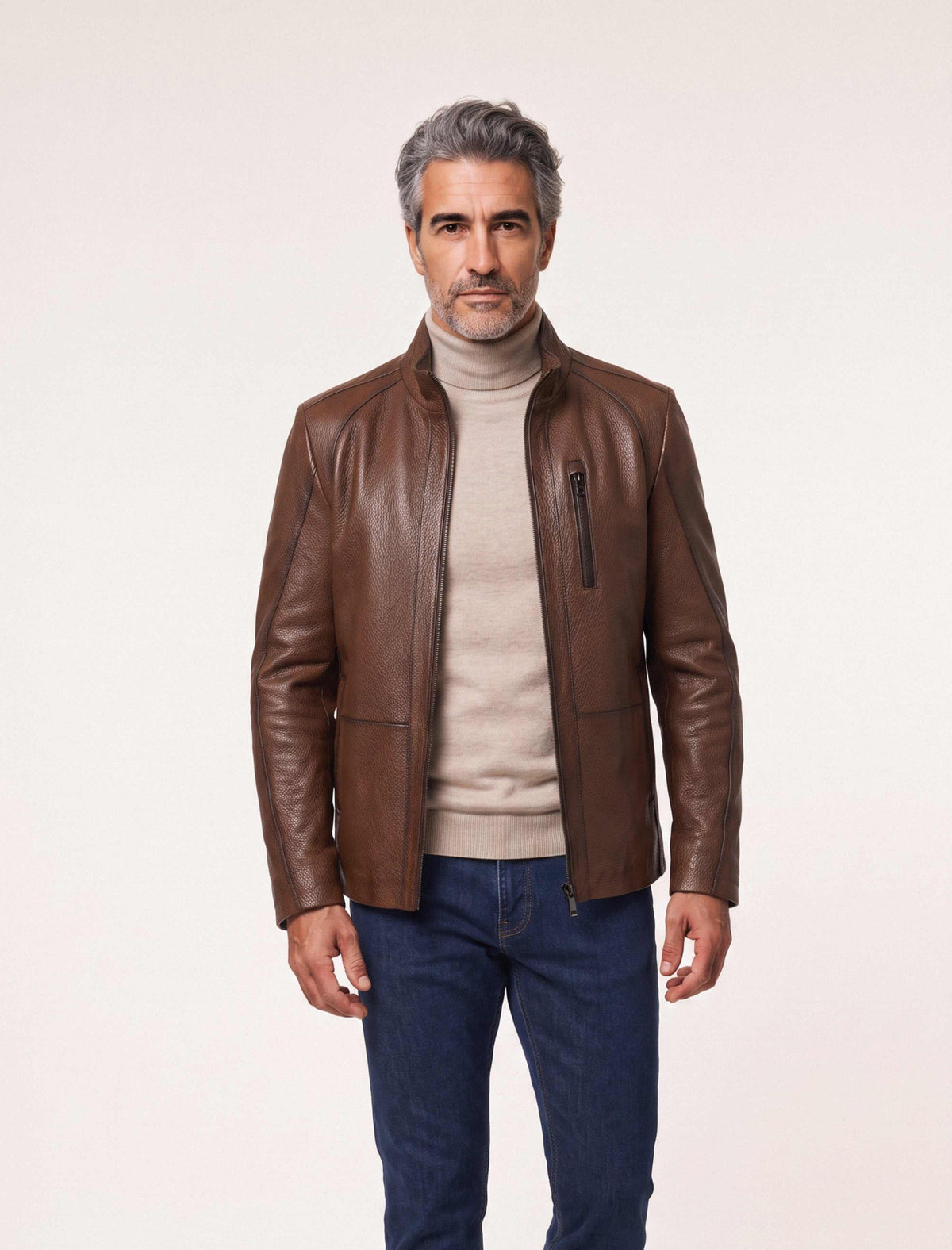 Soren Men's Brown Genuine Leather Jacket with Stand Collar and Chest Zip Pocket
