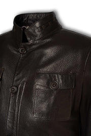 Zalvaro Heritage Stand Collar dark espresso brown leather field jacket with utility pockets and hidden zip closure