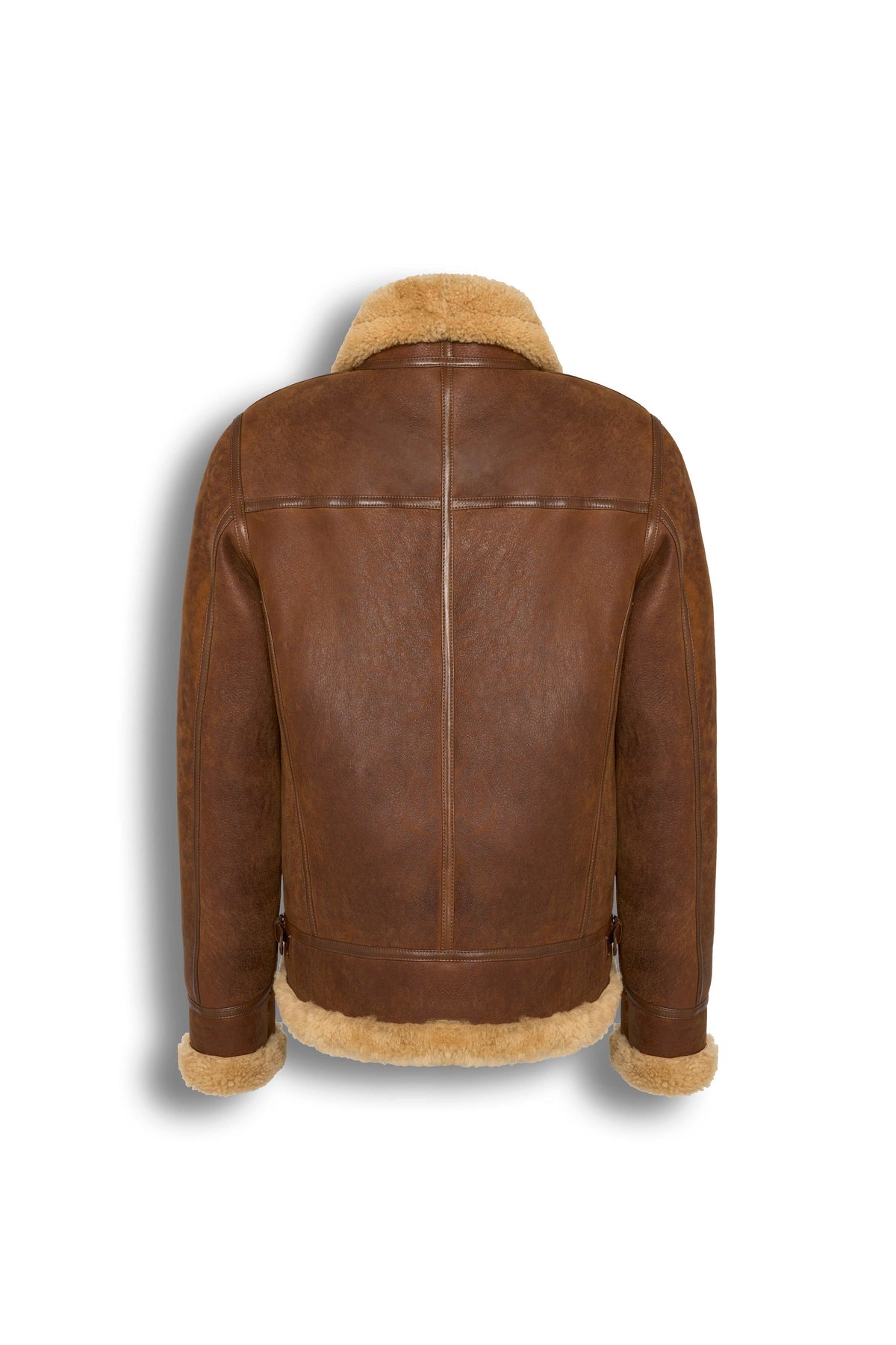 Tan genuine shearling leather aviator jacket with soft shearling lining and classic B-3 flight design