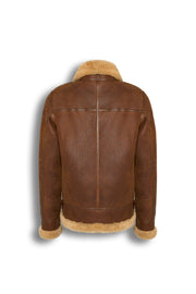 Tan genuine shearling leather aviator jacket with soft shearling lining and classic B-3 flight design