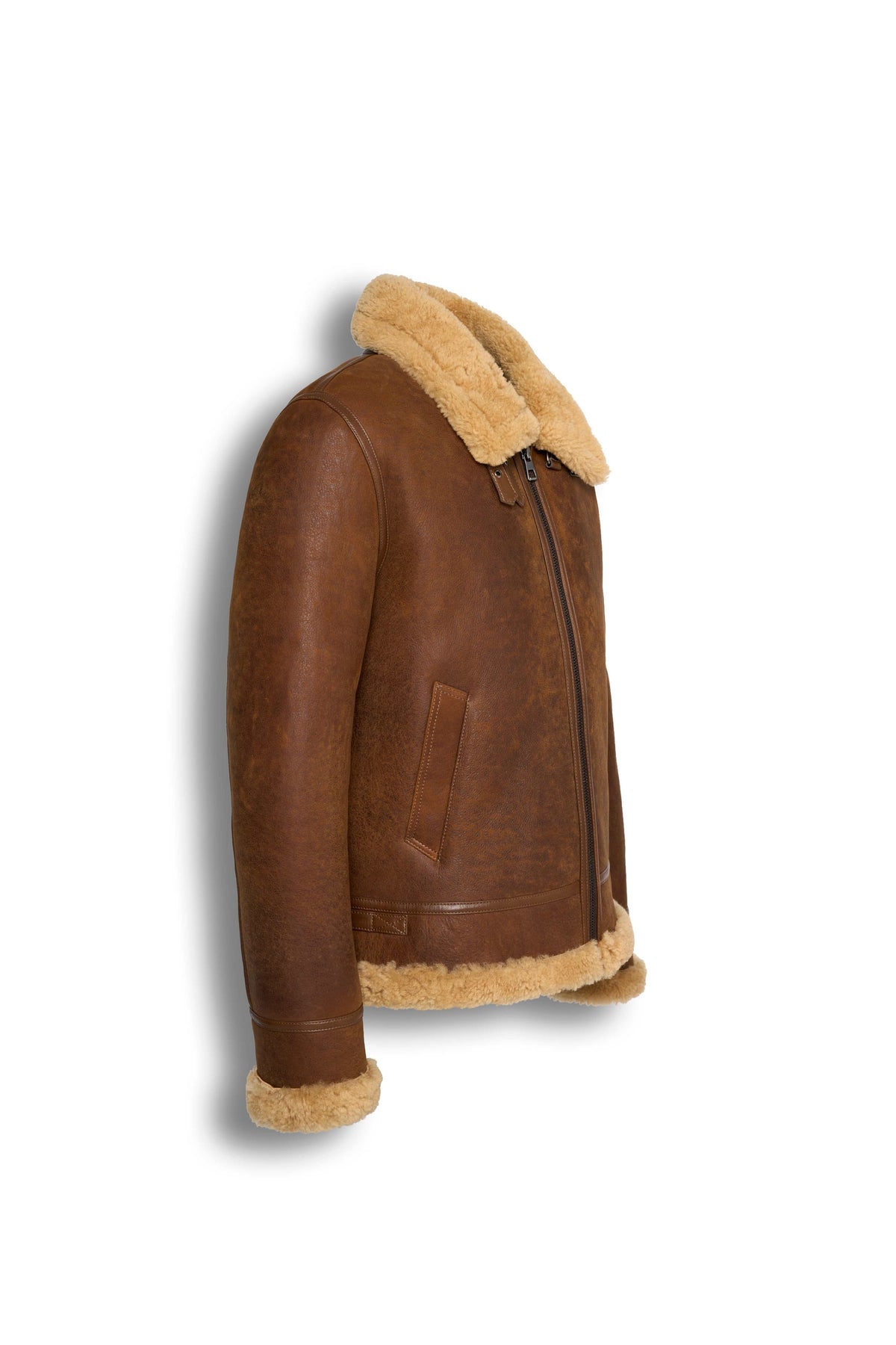 Tan genuine shearling leather aviator jacket with soft shearling lining and premium sheepskin.