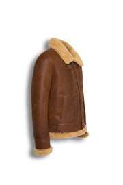 Tan genuine shearling leather aviator jacket with soft shearling lining and premium sheepskin.