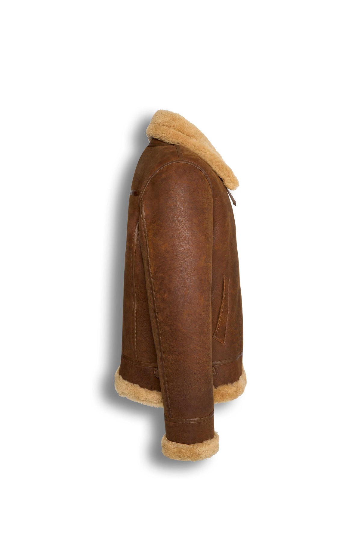 Tan genuine shearling leather aviator jacket with soft shearling lining and classic B-3 flight style