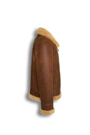 Tan genuine shearling leather aviator jacket with soft shearling lining and classic B-3 flight style