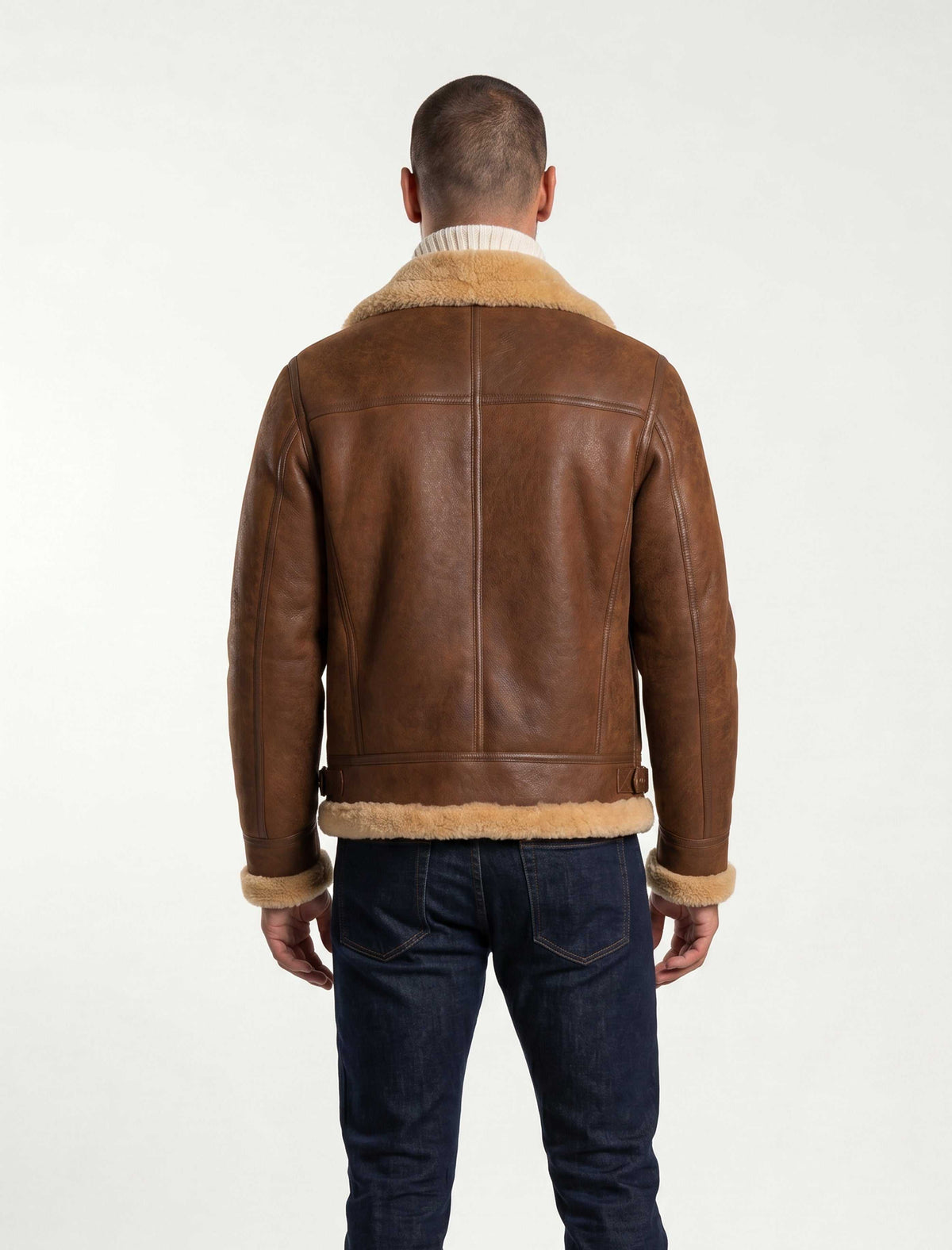 Tan genuine shearling aviator jacket made from premium sheepskin with soft lining for warmth and style