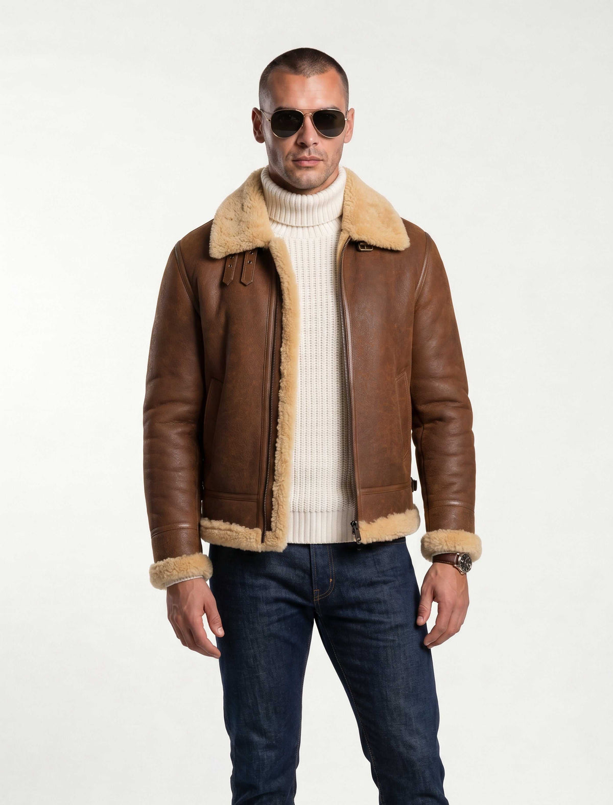 Tan genuine shearling leather aviator jacket with soft shearling lining and classic B-3 flight design