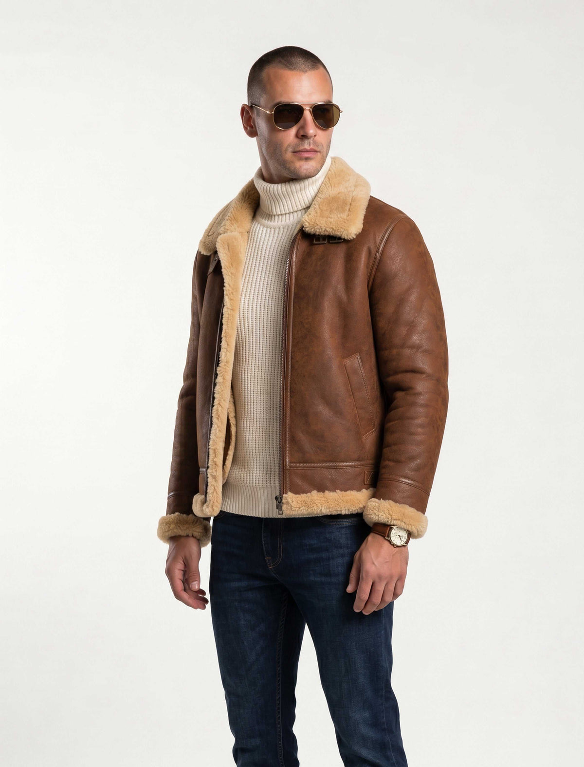 Tan genuine shearling aviator jacket made from premium sheepskin with soft lining