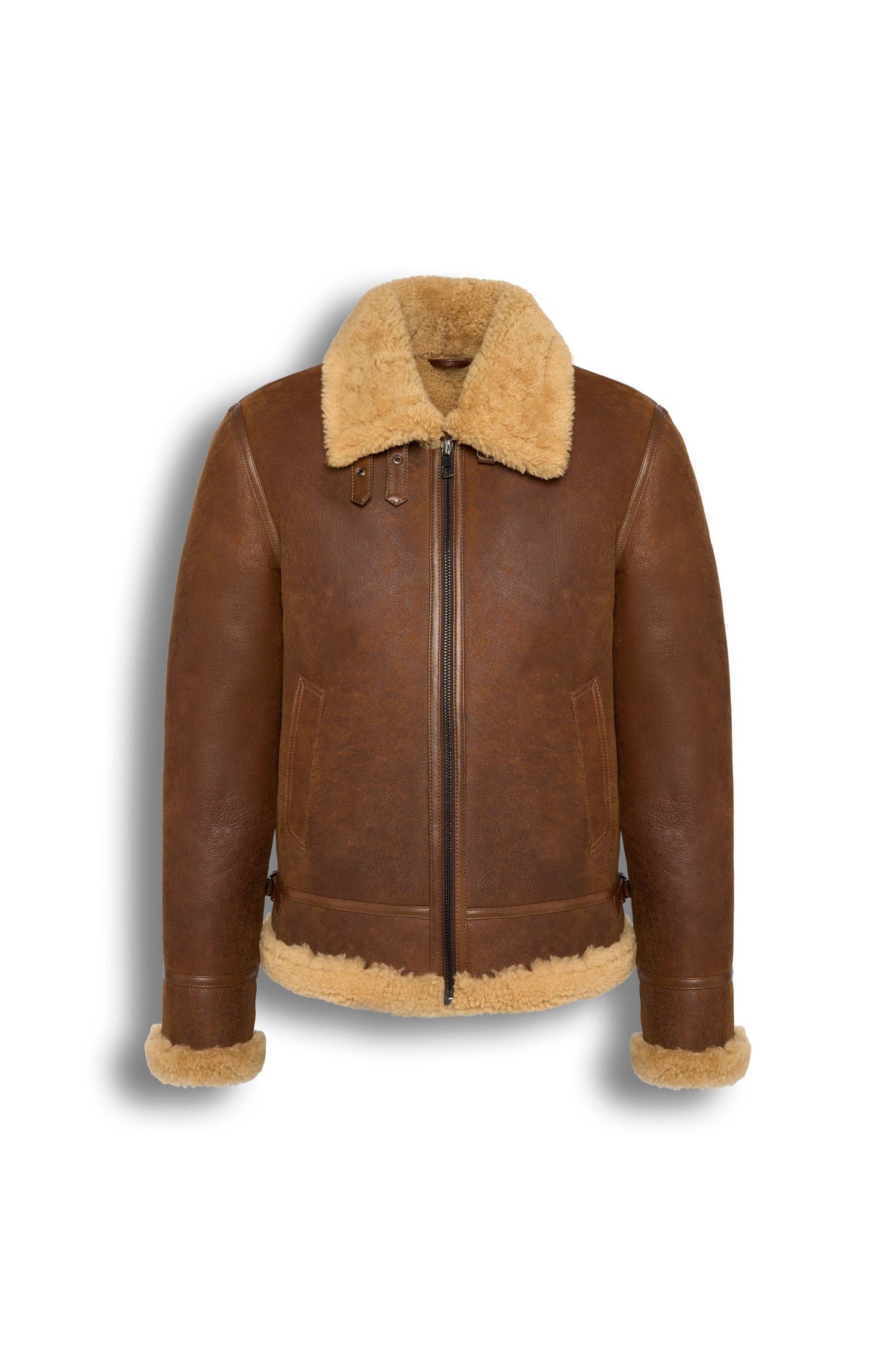 Tan genuine shearling aviator jacket with soft shearling lining and premium sheepskin material