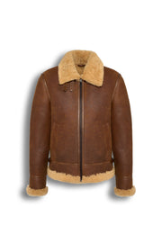Tan genuine shearling aviator jacket with soft shearling lining and premium sheepskin material